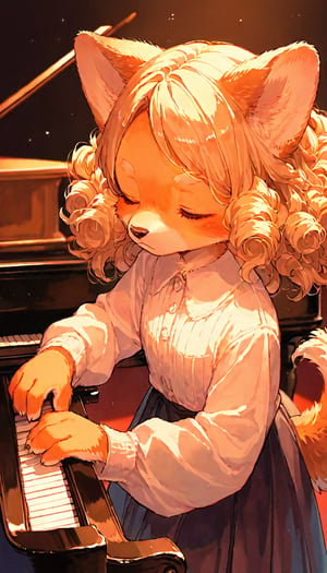 score_9, score_8up, score_7up, score_6up, score_5up,source_anime,cute,kawaii,1girl,solo,blonde hair,dog ears fluff,,brown eyes,(playing piano:1.3),closed eyes,Oil painting style,Fine art parody,(furry:1.3),(concert pianist:1.3),(Serious:0.7),curly hair,(pianist:1.5)