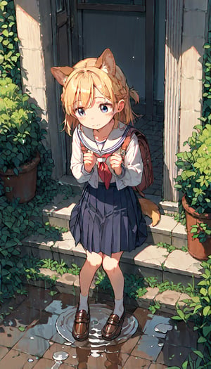 score_9, score_8up, score_7up, score_6up, score_5up,source_anime,cute,kawaii,1girl,solo,blonde hair,french braid,dog ears,school uniform,after rain,puddle,arch rainbow,