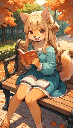 score_9, score_8up, score_7up, score_6up, score_5up,source_anime,cute,kawaii,1girl,solo,blonde hair,dog ears fluff,french braid,brown eyes,sweet,lace inner,flower printed onepiece dress,autumn,road,park,graceful,sitting bench,reading book,looking at viewer,open mouth,Oil painting style,Fine art parody,(furry:1.3)