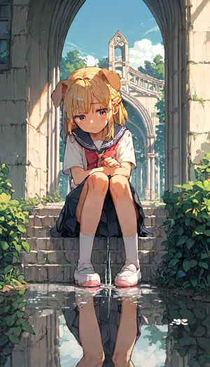 score_9, score_8up, score_7up, score_6up, score_5up,source_anime,cute,kawaii,1girl,solo,blonde hair,french braid,dog ears,school uniform,after rain,puddle,arch rainbow,reflection sky