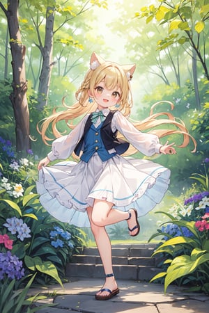 The illustration depicts a furry cute girl, dressed stylishly, in a bright early summer park. She is dressed lightly to match the early summer climate, with a big smile on her face. Around her, fresh green trees and colorful (flowers are in full bloom:1.1),(girlish:1.2),(feminine:1.3),soft,texture
BREAK
Her outfit is light to match the early summer climate, consisting of a flared skirt and blouse combination, sandals on her feet, giving refreshing impression. Her hair is long and flowing in the wind, with a small earring shining in her ear.vest
BREAK
1girl,solo,dog ears,french braid,blonde hair,detailed and gradient brown eyes,cute,kawaii,(from above:0.8)