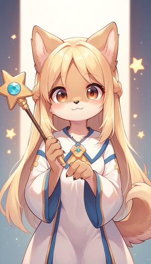 score_9_up, score_8_up, score_7_up,score_6_up,score_5_up,best quality,masterpiece,illustration,cute,kawaii,1girl,solo,dog ears,blonde hair,french braid,gradient brown eyes,healing magic,wand,priestess,furry