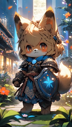 1girl,solo,dog ears,french braid,blonde hair,detailed and gradient brown eyes,(flower knight:1.2),(ainu:1.1),shield,sword,fighting stance,
BREAK
outdoors,spring flower garden,night,(cybercity:1.3),magnificent view,overlooking,
BREAK
masterpiece,best quality,ultra detailed,highres,absurdres,illustration,cute,kawaii,perfect arrangement,(brave:1.3),(gallant:1.3),furry,knight