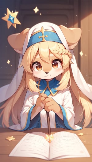 score_9_up, score_8_up, score_7_up,score_6_up,score_5_up,best quality,masterpiece,illustration,cute,kawaii,1girl,solo,dog ears,blonde hair,french braid,gradient brown eyes,healing magic,wand,priestess,furry