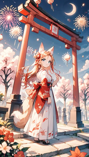 score_9_up, score_8_up, score_7_up,score_6_up,score_5_up,source_anime,masterpiece,best quality,illustration,cute,kawaii,1girl,solo,sliver hair,long hair,fox ears,fox tails,formal miko dress primarily white with golden and red embroidery,beautifully shimmering in the moon light,The hem of the dress flares out gracefully,perfectly complementing her overall look,looking back,torii,shrine gate,fireworks