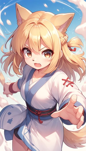 score_9_up, score_8_up, score_7_up,score_6_up,score_5_up,best quality,masterpiece,illustration,cute,kawaii,1girl,solo,dog ears,blonde hair,french braid,gradient brown eyes,japanese Armed,battle stance,battle filed,(>:):1.3)