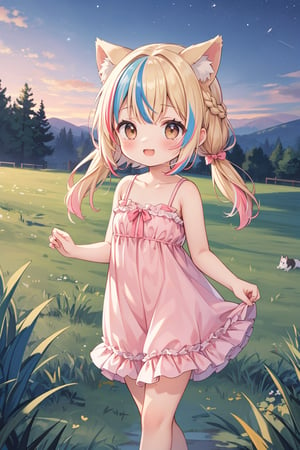 masterpiece,best quality,ultra detailed,highres,absurdres,illustration,silky-soft,creamy complexion,cute,kawaii,(Exciting:1.2),happy,loli,petite   BREAK 1girl,solo,dog ears,french braid,blonde and (blue streaked hair:1.3),highlights hair,detailed and gradient brown eyes,(light pink camisole dress:1.1),(frills:1.2),walking, BREAK outdoors,overlooking,(twilight sky:1.2),deep blue sky,starry sky,grass