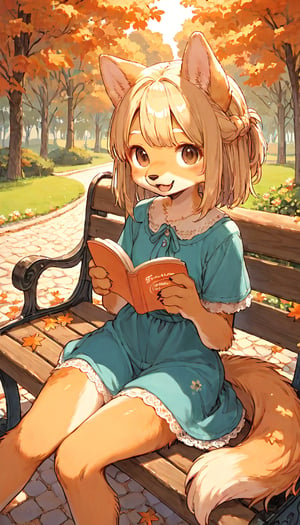 score_9, score_8up, score_7up, score_6up, score_5up,source_anime,cute,kawaii,1girl,solo,blonde hair,dog ears fluff,french braid,brown eyes,sweet,lace inner,flower printed onepiece dress,autumn,road,park,graceful,sitting bench,reading book,looking at viewer,open mouth,Oil painting style,Fine art parody,(furry:1.3)