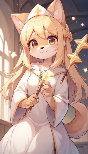 score_9_up, score_8_up, score_7_up,score_6_up,score_5_up,best quality,masterpiece,illustration,cute,kawaii,1girl,solo,dog ears,blonde hair,french braid,gradient brown eyes,healing magic,wand,priestess,furry