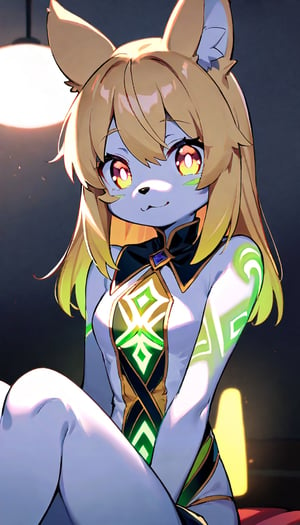 (furry:1.3),anthro,cute,kawaii,1girl,solo,dog ears,blonde hair,gradient brown eyes,indoors,(dark room:1.4),her body adorned with (glowing neon green zentangle heresy tattoos:1.4),The intricateilluminate the shadows around her,(upper face:1.3),high-contrast anime-style,