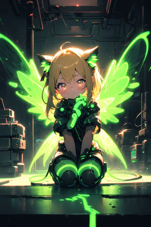 anthro,cute,kawaii,1girl,solo,dog ears,blonde hair,gradient brown eyes,(glowing neon green mechanical wings:1.3),high-contrast anime-style,(darkness room:1.3)