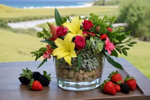 beautiful flower arrangement, exotic flowers in glass Love, (beach)Spring, center, beautiful bright colors, beautiful satin blanket, small Blackberries, small pineapple, small strawberries perfect flowers, well designed arrangement Feedback geben Seitenleisten landscape forest mountain river
