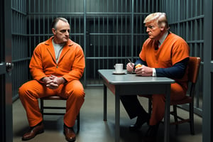 realistic photograph two men, Hannibal Lecter the Cannibal from the movie Silence of the Lambs, sitting down to dinner with Convicted Felon Donald Trump, Trump is wearing an orange jumpsuit, Hannibal is wearing his prison garb too, They are in a jail cell sitting in the middle of a large empty prison cell, realistic,  high contrast, high_resolution, detailed, 