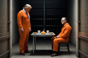 realistic photograph two men, 
Hannibal Lecter the Cannibal, sitting down to dinner with Donald Trump, Trump is wearing an orange jumpsuit, Hannible is wearing his prison garb, They are in a jail cell sitting in the middle of a large empty room, realistic,  high contrast, high_resolution, detailed, 