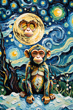 monkey, Masterpiece, Top Quality, Super Detailed Wallpaper, Turner features high quality, detailed cosmic colors of Vincent van Gogh's Starry Night with Salvador Dali's surreal celestial precision , reflecting a touch of atmosphere and blurring the line with reality.  Fantasy and snow falling in the sky,
  Small eyes, black ears, petite build,chibi emote style, bright colors, 
