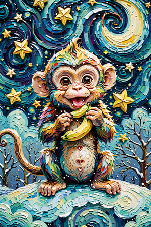 a hungry cute little monkey holding a banana, Masterpiece, Top Quality, Super Detailed Wallpaper, Turner features high quality, detailed cosmic colors of Vincent van Gogh's Starry Night, colorful swirls reflecting a touch of atmosphere and blurring the line with reality.  Fantasy and snow falling in the sky,
 petite build,chibi emote style, bright colors, 