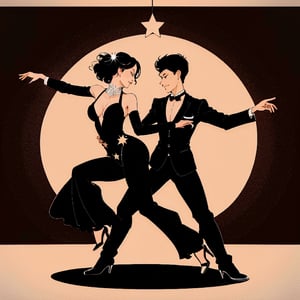 Dark black silhowette of a couple ballroom dancing, inside a round background, against a single star, 1 line drawing