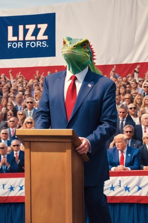 a full body shot of a lizard man wearing a navy blue suit and power red tie, lizard man with blonde Trump hair,  standing behind a waist-high podium giving a campaign speech,  running for President,  campaign banner in the background, text on banner: "Lizz for Pres" hyper-realistic,  photo realism,  cinematographic style,

,Text