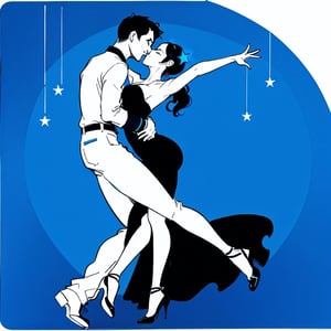 Dark black silhowette of a couple ballroom dancing inside a round blue background, (a single white star), 1 line drawing, graphical, three colors