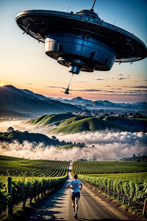 a farmer running toward the camera, through a California vinyard, a UFO spaceship chasing him, he is terrified, blue hour, mist, windy, cinematic, masterpiece, best quality, high resolution, Nature