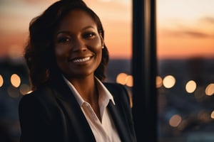 A cinematic, extremely realist photograph at golden hour that inspires hope for America,  a closeup photo of female executive wearing a suit, looking out his office window watches a fireworks display in the distance. She is smiling and has a perfect face and eyes. 