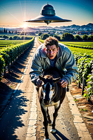 a terrified farmer being chased by a UFO running toward the camera, through a California vinyard, we see his face, he is straining, sweating, blue hour, mist, cinematic, masterpiece, best quality, high resolution, realistic, Nature