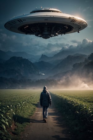 A full body shot of a farmer standing on a cornfield, a UFO is hovering in the background, blue hour, mist, windy, cinematic, masterpiece, best quality, high resolution