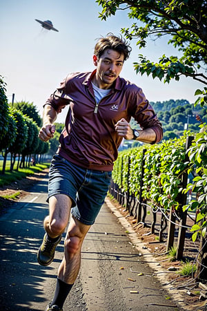 medium shot of a terrified farmer being chased by a menacing UFO, running toward the camera UFO in the air behind him, through a California vinyard, we see his face, he is straining, sweating, blue hour, mist, cinematic, masterpiece, best quality, high resolution, realistic, Nature