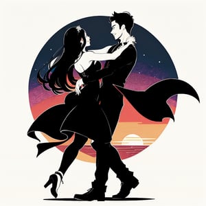 Dark black silhowette of a couple dancing, inside a round sunset background, a single white five pointed star, colorful background,1 line drawing