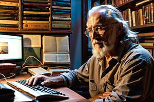 n a cozy corner of his home, **Mr. Earl Starry**, a seasoned tech enthusiast, sits hunched over his trusty computer with morning cup of coffee. His white hair and neatly cropped beard frame his face, and his rectangular black-rimmed "Ray-Ban" glasses perch on the bridge of his nose. The thinning hair is meticulously parted to the side, revealing a lifetime of wisdom etched into his features.

With furrowed brows, he peers at the screen, lost in the digital world. His fingers dance across the keyboard, navigating the virtual landscape with precision. The wrinkles on his forehead tell tales of countless hours spent deciphering code, troubleshooting glitches, and exploring the vast expanse of the internet.

The room is bathed in the soft glow of the monitor, casting shadows on the worn wooden desk. A cup of steaming coffee sits within arm's reach, its aroma mingling with the hum of the computer. Mr. Gray's concentration is unyielding; he's a modern-day explorer, charting unknown territories in the vast sea of information.

Outside the window, the sun sets, casting a warm glow on the bookshelves lined with dog-eared manuals and dusty hardcovers. The world may have changed around him, but here, in this digital sanctuary, Mr. Gray remains steadfast—a testament to the timeless pursuit of knowledge.

And so, with determination etched into every pixel, our tech-savvy senior continues his quest, one keystroke at a time., Watercolor, trending on artstation, sharp focus, studio photo, intricate details, highly detailed, by greg rutkowski, more detail XL, hyper detailed, realistic, oil painting, by julie bell, frank frazetta, cinematic lighting
