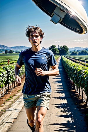 medium shot of a terrified farmer being chased by a shiny metal UFO, running toward the camera UFO behind him, through a California vinyard, we see his face, he is straining, sweating, blue hour, mist, cinematic, masterpiece, best quality, high resolution, realistic, Nature