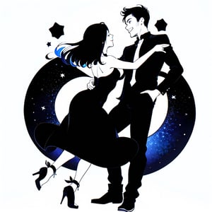 Dark black silhowette of a couple dancing, inside a round blended background of a single white star, colorful background,1 line drawing