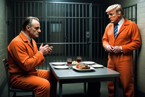 realistic photograph two men, Hannibal Lecter the Cannibal in a scene from the movie Silence of the Lambs, sitting down to dinner with Convicted Felon Donald Trump, Trump is wearing an orange jumpsuit, Hannibal is wearing his prison garb too, They are in a jail cell sitting in the middle of a large empty prison cell, realistic,  high contrast, high_resolution, detailed, 