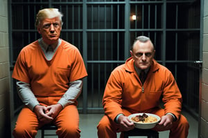 realistic photograph two men, Hannibal Lecter the Cannibal in a scene from the movie Silence of the Lambs, sitting down to dinner with Convicted Felon Donald Trump, Trump is wearing an orange jumpsuit, Hannibal is wearing his prison garb too, They are in a jail cell sitting in the middle of a large empty prison cell, realistic,  high contrast, high_resolution, detailed, 