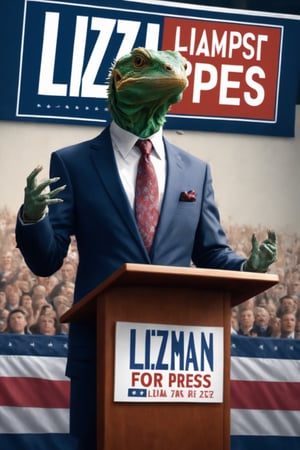 a full body shot of a lizard man wearing a suit and power tie,  standing behind a podium giving a campaign speech,  running for President,  campaign banners in the background, text on banners: "Lizzman for Pres" hyper-realistic,  photo realism,  cinematographic style,

,Text