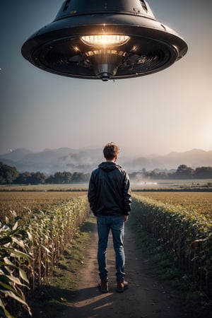 A full body shot of a farmer standing on a cornfield, head turned looking up staring at a shiny metal UFO hovering in the distant background, blue hour, mist, windy, cinematic, masterpiece, best quality, high resolution