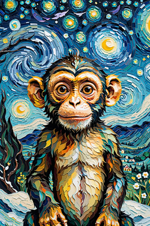 monkey, Masterpiece, Top Quality, Super Detailed Wallpaper, Turner features high quality, detailed cosmic colors of Vincent van Gogh's Starry Night with Salvador Dali's surreal celestial precision , reflecting a touch of atmosphere and blurring the line with reality.  Fantasy and snow falling in the sky,
  Small eyes, black ears, petite build,chibi emote style, bright colors, 