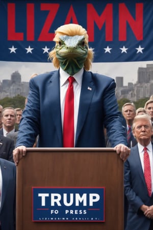 a full body shot of a lizard man wearing a navy blue suit and power red tie, blonde Trump hair,  standing behind a waist-high podium giving a campaign speech,  running for President,  campaign banner in the background, text on banner: "Lizzman for Pres" hyper-realistic,  photo realism,  cinematographic style,

,Text