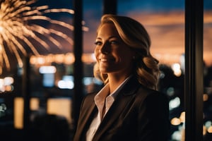 A cinematic, extremely realist photograph at golden hour that inspires hope for America,  a closeup photo of female executive wearing a suit, looking out his office window watches a fireworks display in the distance. She is smiling and has a perfect face and eyes. 