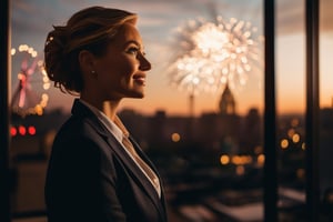 A cinematic, extremely realist photograph at golden hour that inspires hope for America,  a closeup photo of female executive wearing a suit, looking out his office window watches a fireworks display in the distance. She is smiling and has a perfect face and eyes. 