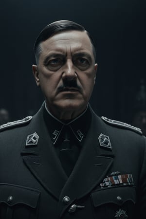 Nazi leader Hitler, looking at center camera, perfect composition, beautiful detailed intricate insanely detailed octane render trending on artstation, 8 k artistic photography, photorealistic concept art, soft natural volumetric cinematic perfect light, chiaroscuro, award - winning photograph, masterpiece, oil on canvas, raphael, caravaggio, greg rutkowski, beeple, beksinski, giger, trending on artstation, sharp focus, studio photo, intricate details, highly detailed, night city background 