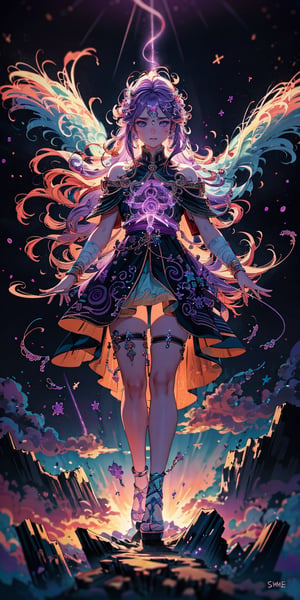 Create an anime artwork depicting a demi-god with celestial powers ascending to a higher plane. The character should be surrounded by ethereal purple energy, with intricate celestial patterns and symbols forming around them. The background could feature a cosmic landscape with swirling galaxies and nebulae, all bathed in a captivating purple hue. The demi-god could be in a dynamic pose, showcasing their god-like strength and presence.