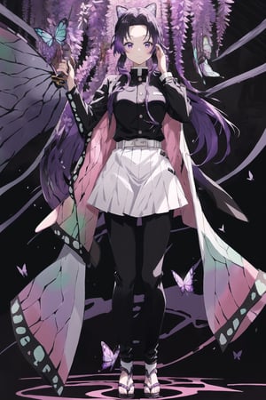 full body, kochou shinobu, multicolored hair, no bangs, hair intakes, purple eyes, forehead, black shirt, black pants, haori, butterfly, buttons, belt, , (masterpiece, best quality, high quality, absurdres, ultra-detailed),DonMF43,kochou shinobu