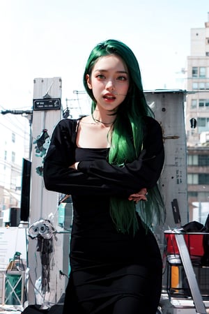 girl, green hair, black blodycone dress, beautiful girl, --niji 5 --