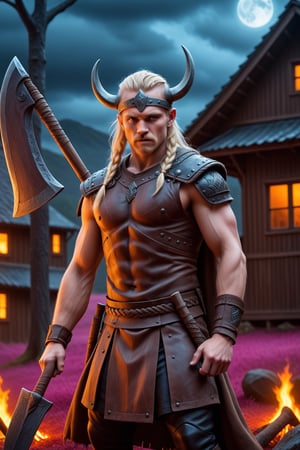 absurdres, highres, ultra detailed, (1boy:1.3), BREAK, infrared photography, otherworldly hues, surreal landscapes, unseen light, ethereal glow, vibrant colors, ghostly effect, 1 Viking Warrior, light Blond hair, ((braded hair)), Viking axe, leather armor, brown and black clothing,  house,aw0k euphoric style, fprest background,,<lora:659095807385103906:1.0>