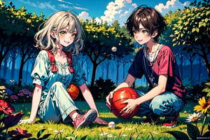 a girl and a boy, playing ball in a garden, sunny day,
