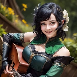 very aesthetic, 1girl, d&d, bard, chainmail, cloak, green-eyes, excited,{{singing}}, dynamic_pose, best quality, amazing quality,  absurdres, black-hair, wavy_hair, hair shoulder_length, short pointed_ears, smiling, playing_instrument, lute