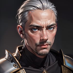 masterpiece, hyperrealism, midieval, noble man, very arrogant, thin face, gray hair on the sides of head, balding, armor, portrait, close_up, gray background, 