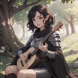 A beautiful, female bard with black, wavy, short shoulder-length hair. Thin, smiling, Green eyes, She is wearing chainmail armor with a velvet cloak on top. She has short, pointy ears. She is playing a medieval lute, Sitting against a tree, Masterpiece, chainmail,ink, musical_notes, instrument_(music)