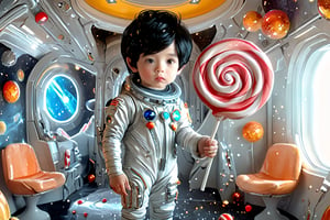 a boy, soft black hair, spacesuit, holding a lollipop. spaceship. Style. Cute, hot, sparkly. very detail,